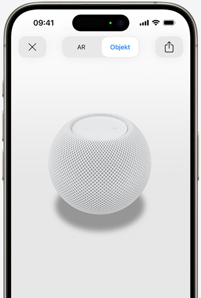 Der HomePod in Wei? auf dem Display eines iPhone in AR Ansicht.