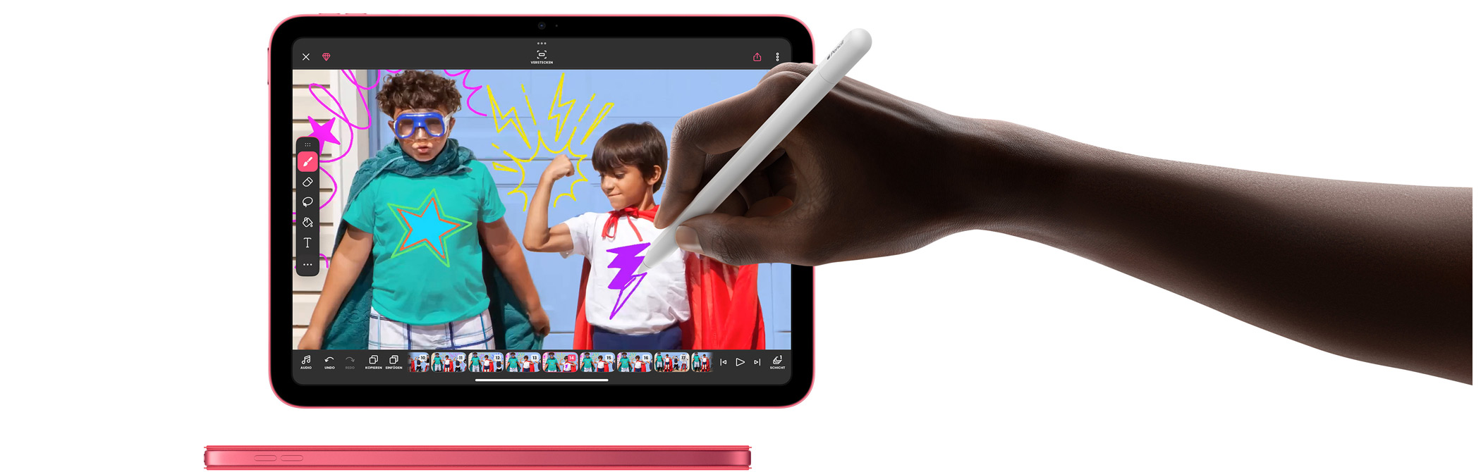 Eine Person h?lt einen Apple Pencil und zeichnet im Modus Markierung in Fotos.