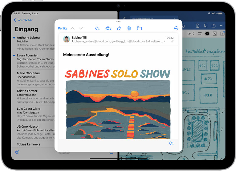 Mail und GoodNotes sind nebeneinander auf dem iPad ge?ffnet. Eine E-Mail Nachricht ist in einem separaten Fenster ge?ffnet.