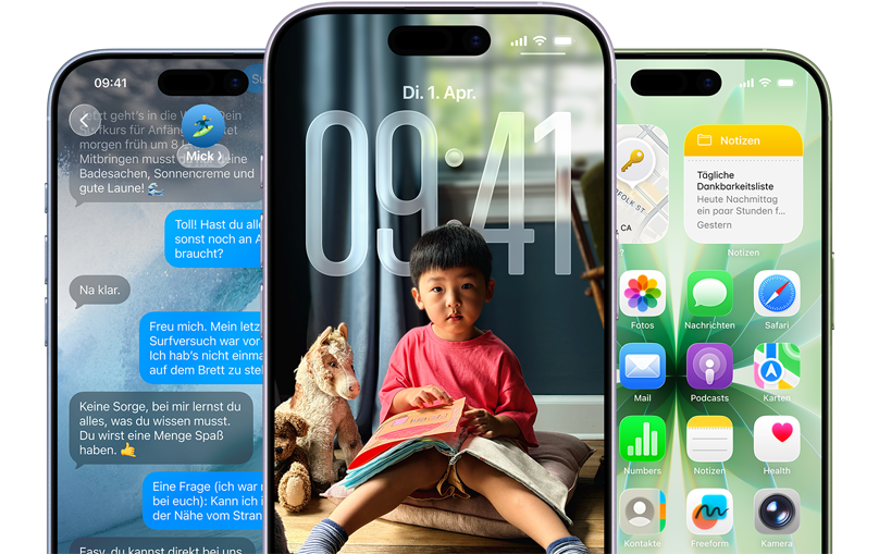 iPhone 17 Ger?te, Vorderseite, Farben: Nebelblau, Lavendel, Salbei, iOS Features – Hintergrund in Nachrichten, Liquid Glass auf dem Sperrbildschirm und der Homescreen mit verschiedenen Apps