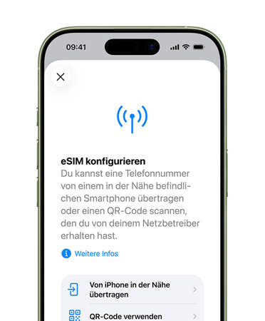 iPhone 17, Vorderseite, mit dem Feature ?Mobilfunk konfigurieren“, um eine Telefonnummer mit eSIM einfach zu übertragen