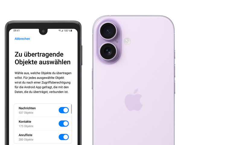 Android Display mit App ?Auf iOS übertragen“ neben einem iPhone 17, Rückansicht, fortschrittliches Zwei-Kamera-System oben links