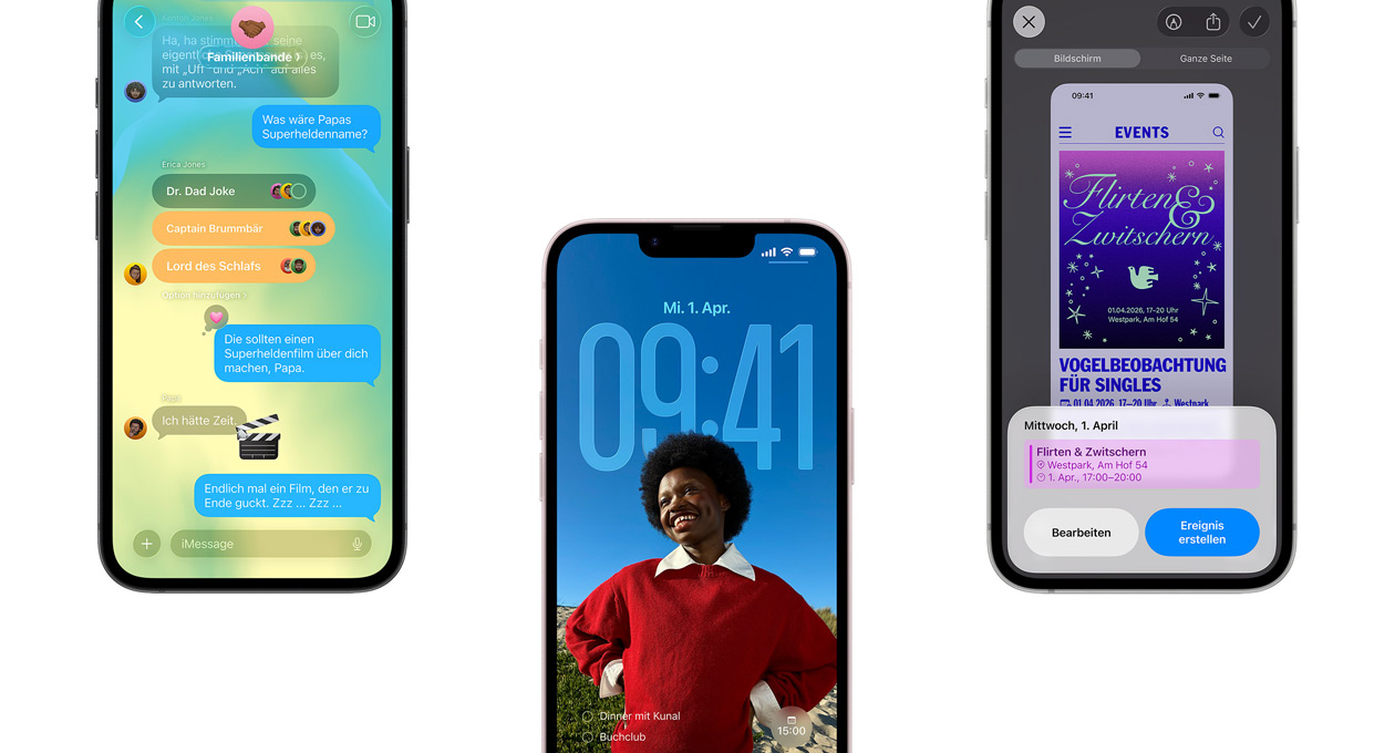 Drei iPhone 17e Ger?te, Vorderseiten, die die Nachrichten App mit Liquid Glass Design, den dynamischen Sperrbildschirm und das Feature für Bildschirmfotos mit einem Kalenderereignis zeigen