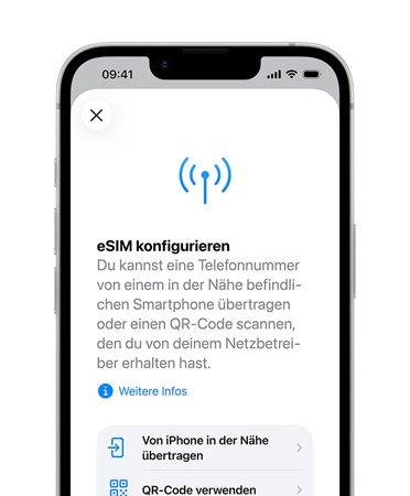 iPhone 17e, Vorderseite, das Feature eSIM konfigurieren wird verwendet, um eine Telefonnummer von einem Telefon in der N?he oder mit einem QR Code zu übertragen