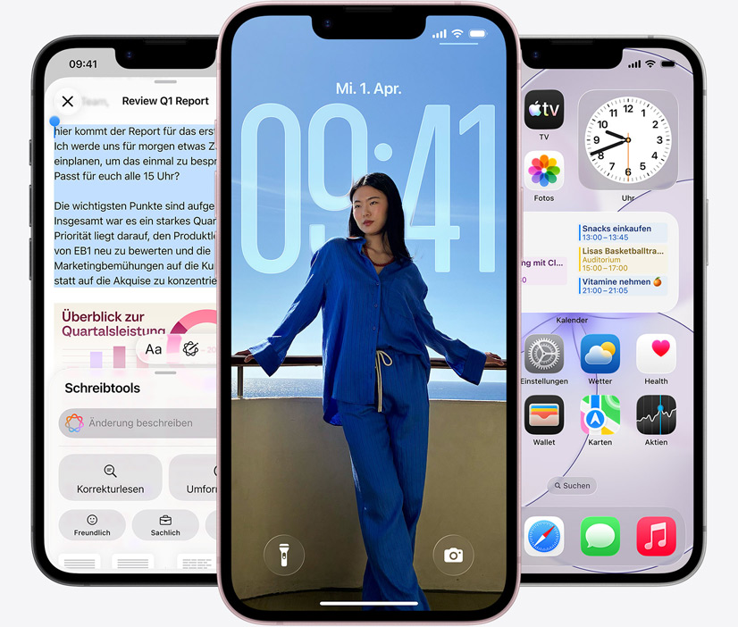 Drei iPhone 17e Ger?te, Vorderseite, Bildschirmfoto mit Schreibtools in Aktion, der Sperrbildschirm zeigt das Foto einer Person und die Nachrichten App sendet Nachrichten über Satellit