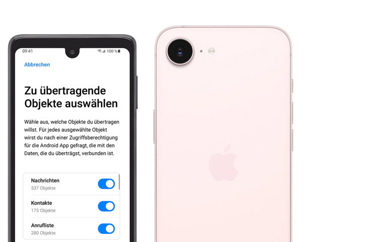 Nebeneinander angeordnet, Android Display mit der App ?Auf iOS übertragen“, iPhone 17e, Rückseite, Farbe Hellrosa, Fusion Kamera