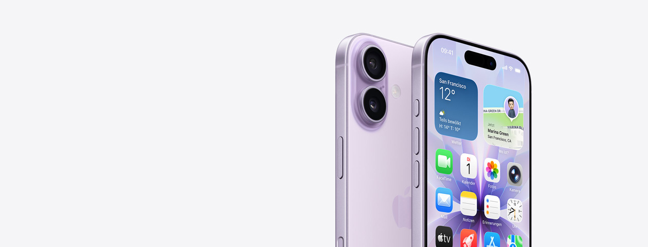 iPhone 17 in Lavendel, Vorderseite mit teilweise angezeigtem Homescreen, Seitenansicht zeigt Actiontaste und Lautst?rketasten. Rückseite mit Dual Fusion Kamera-System oben links, Taste zur Kamerasteuerung