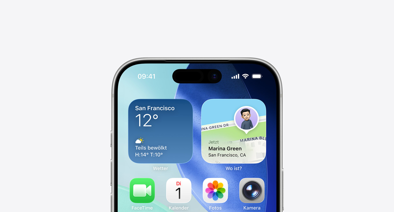 Ein iPhone, der obere Bereich des Displays zeigt den Homescreen mit den Widgets ?Wetter“ und ?Wo ist?“ in der oberen Reihe
