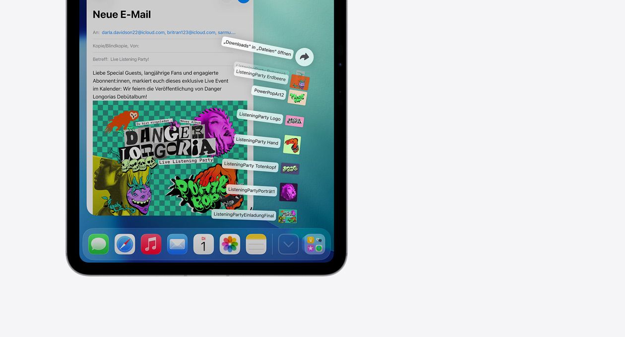 Nahaufnahme der Dock App unten auf einem iPad Display mit einer Reihe von Dateien, die nach oben ausf?chern