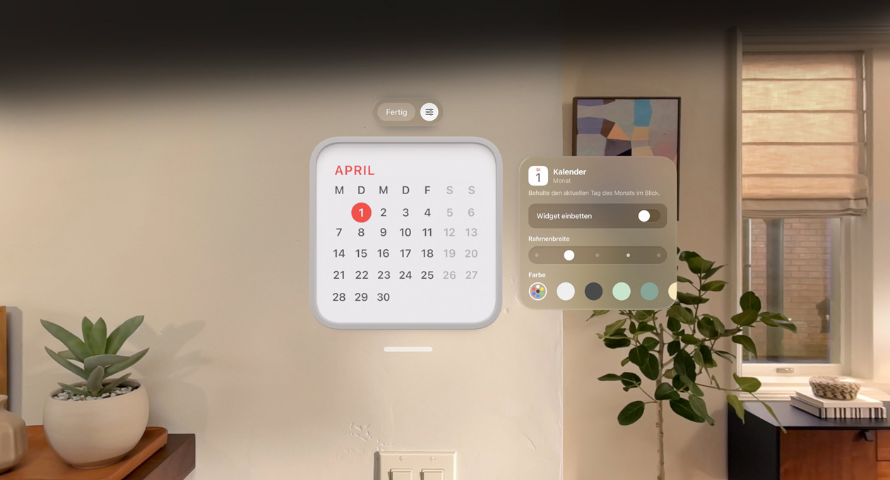 Kalender Widget für 1. April schwebt an der Wand, Widget für Erinnerung darüber, Optionen für Personalisierung zur ?nderung der Rahmendicke und -farbe rechts daneben