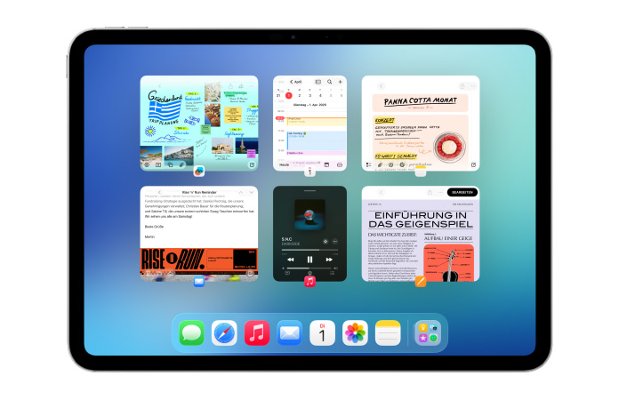 Ein iPad im Querformat, das Display zeigt mehrere Apps wie Kalender und Music in sechs Fenstern, die in zwei Reihen aufgereiht sind, um alle Fenster gleichm??ig anzuzeigen