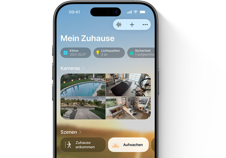 Ein iPhone, das die Benutzeroberfl?che ?Mein Zuhause“ in der Home App anzeigt
