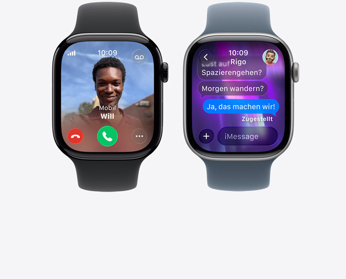 Apple Watch Series 11 Ger?te, eingehender Anruf, Kontaktfoto, Tasten zum Annehmen und Ablehnen von Anrufen, iMessage Unterhaltung