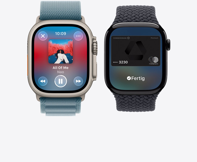 Apple Watch Ultra 3, Titangeh?use, Farbe Natur, Apple Music App, Display ?Jetzt l?uft“, Apple Watch Series 11, Aluminiumgeh?use, Farbe poliertes Diamantschwarz, Apple Pay Display, Apple Card