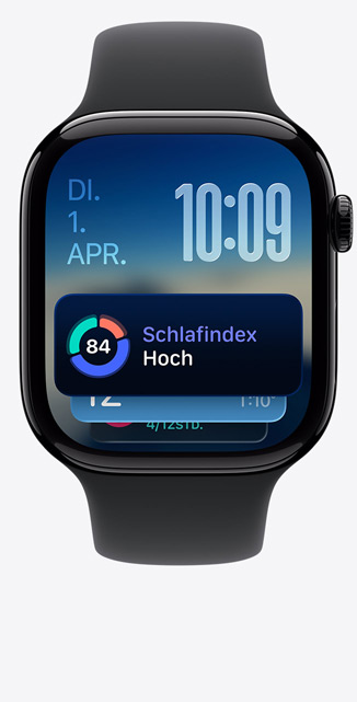Apple Watch Series 11, Aluminiumgeh?use, Farbe poliertes Diamantschwarz, Smart Stapel, Schlafindex Mitteilung, rechte Seitenansicht, Digital Crown, Sportarmband Schwarzlafindex Mitteilung, rechte Seitenansicht, Digital Crown, Sportarmband Schwarz