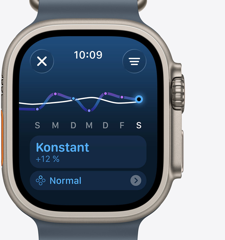 Apple Watch Ultra 3, Titangeh?use, Farbe Natur, Display mit Trainingsbelastung zeigt gleichm??igen Trainingsanstieg