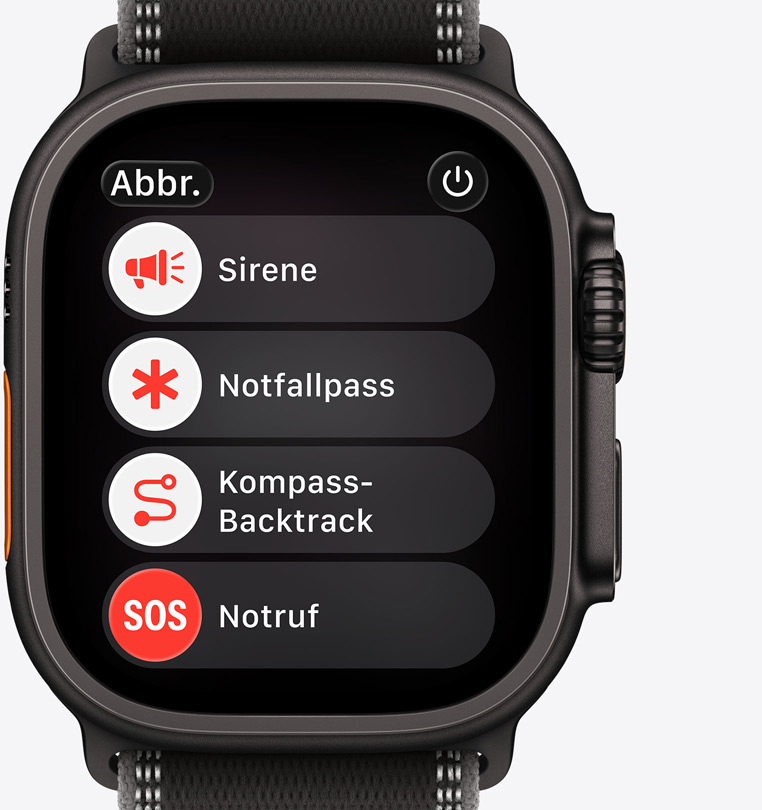 Apple Watch Ultra 3, Titangeh?use, Farbe Schwarz, Optionen für den Notruf auf dem Display: Sirene, Notfallpass, Kompass Backtrack, Notruf