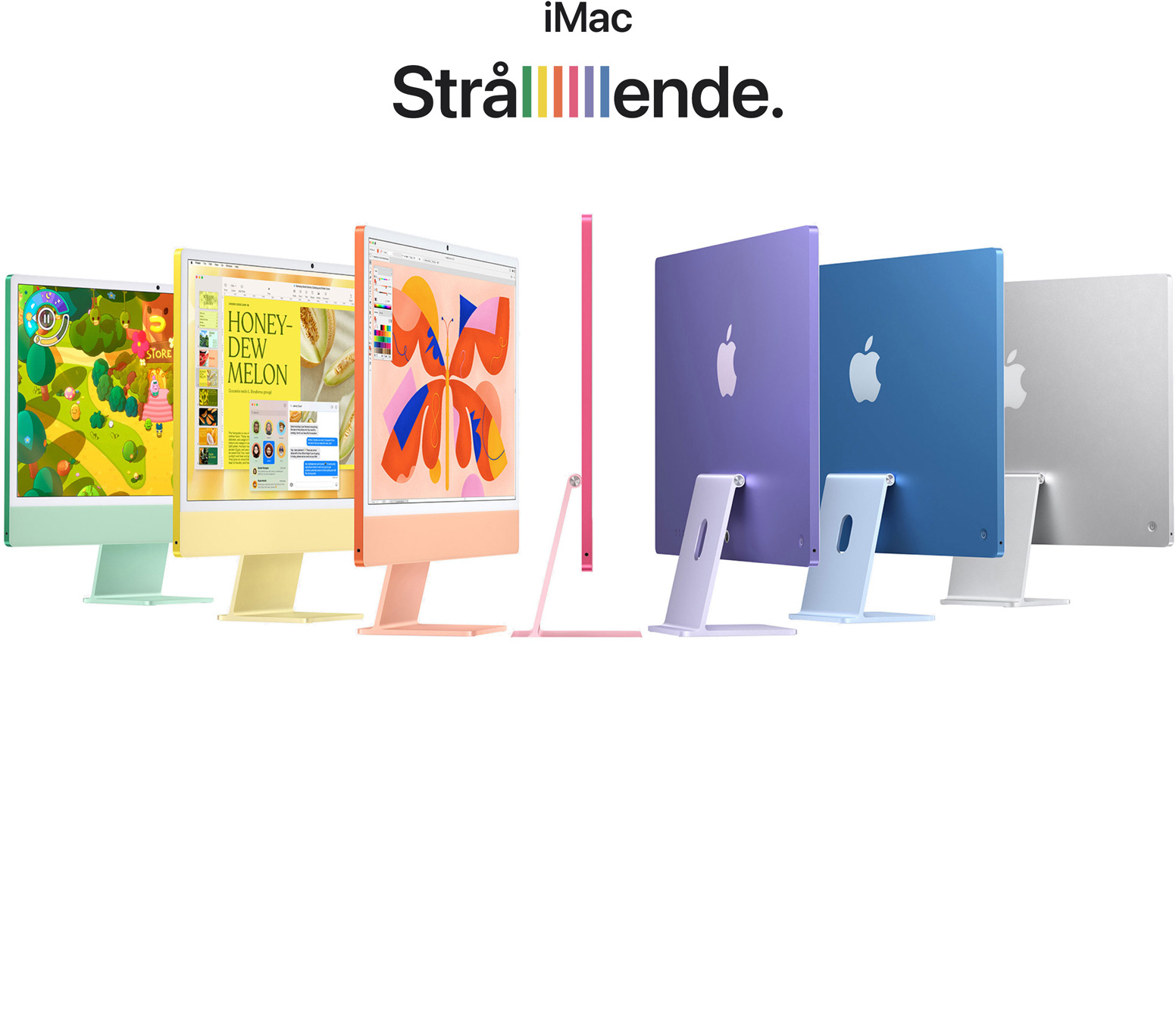 7 iMac-computere i forskellige farver (gr?n, gul, orange, lyser?d, lilla, bl?, s?lv) i en r?kke