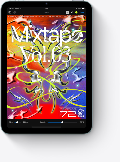 iPad mini on püstises asendis ja kuvab v?rvikat Pixelmatori ekraani.