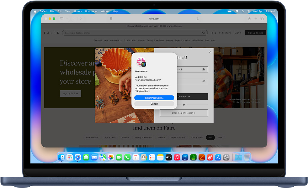 Indigo toonis MacBook Neo, Safari palub kasutajal logida sisse Touch ID v?i parooliga veebisaidile pealkirjaga ?Community Care Clinic“