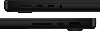 MacBook Pro liidesed – vasak pool: MagSafe 3 port, kaks Thunderbolt porti ja k?rvaklapipesa – parem pool: SDXC-kaardi pesa, üks Thunderbolt port ja HDMI-port