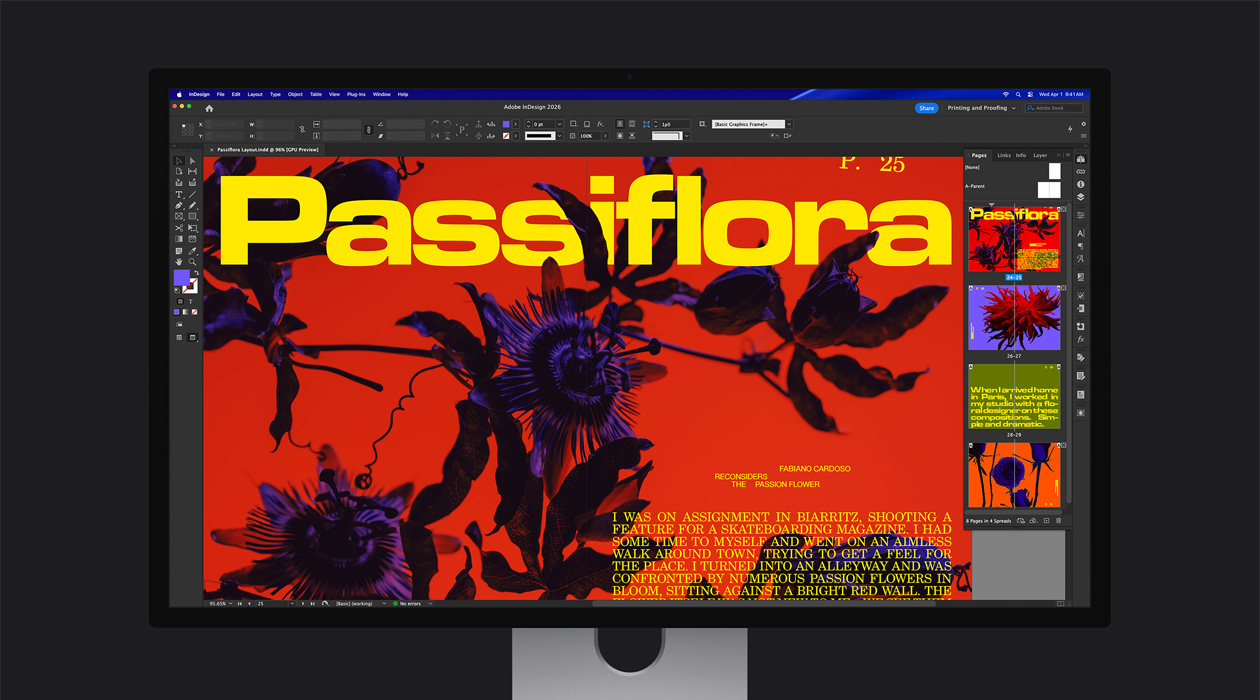 Adobe InDesign 2026 failis demonstreerib v?rvikas ajakirjalehekülg P3 + Adobe RGB v?rviruumi