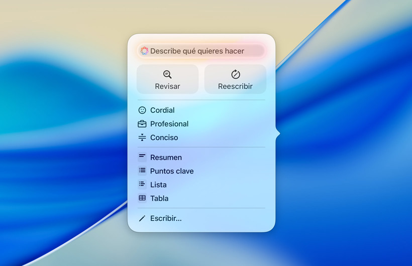 La interfaz de Herramientas de Escritura con un campo de texto donde a?adir instrucciones, botones para revisar y reescribir, distintos registros para cambiar el tono del texto y opciones para ver un resumen, los puntos clave, una tabla o una lista