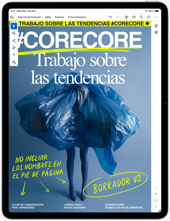 iPad Air, parte delantera exterior, se muestra el lector de PDF Adobe Acrobat con un proyecto de dise?o que está en curso