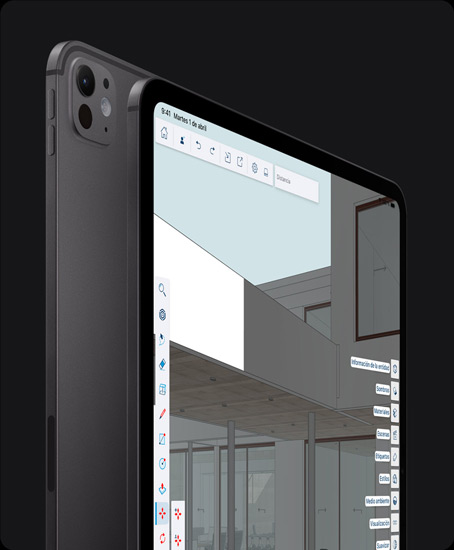 iPad Pro, parte trasera exterior, posición vertical, color negro espacial, sistema de cámara pro, botones de subir y bajar el volumen,  iPad Pro, parte delantera exterior, posición vertical, color negro espacial, bisel de pantalla negro, esquinas redondeadas, la pantalla muestra una app de dise?o gráfico con herramientas y efectos abiertos en los menús izquierdo y derecho