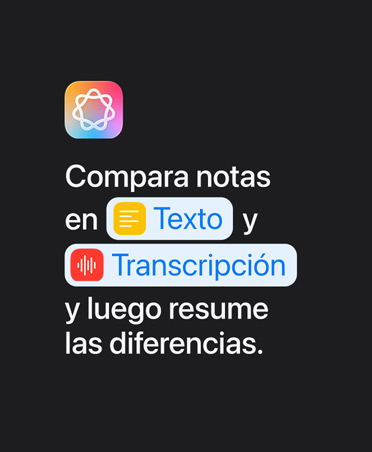Icono de Apple Intelligence y el texto ?Compara las notas en Texto y Transcripción y luego resume las diferencias?