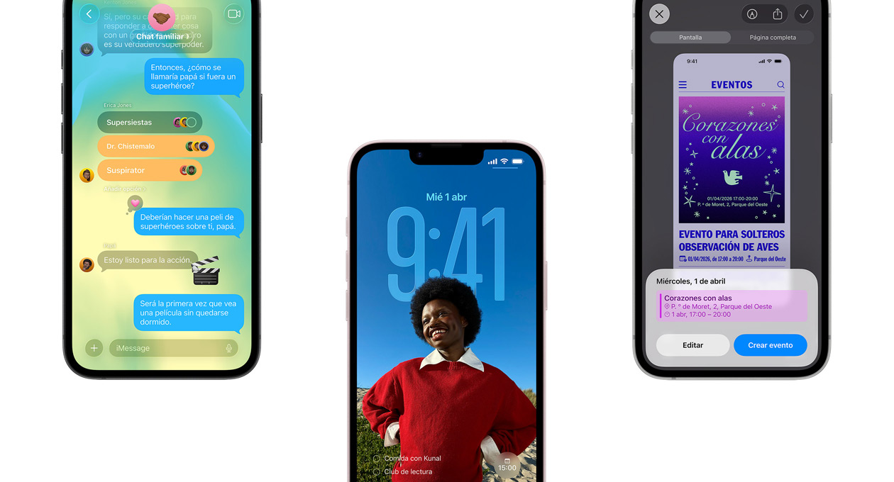 Tres iPhone 17e, parte delantera, se muestra la app Mensajes con el dise?o Liquid Glass, la pantalla de bloqueo dinámica y la prestación de captura de pantalla con un evento de Calendario