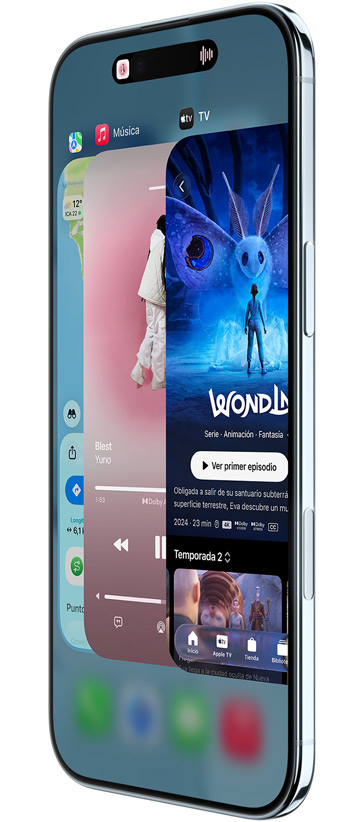 iPhone Air, parte delantera, parte lateral, apps Mapas, Música y Apple TV en la pantalla, prestación Selector de App en uso