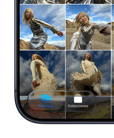 La parte inferior izquierda de la pantalla de un iPhone muestra el mosaico de la app Fotos y las pesta?as Fototeca y Colecciones con el nuevo dise?o en Liquid Glass