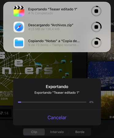 Una lista de actividades en directo que están en curso de forma simultánea: incluyen la exportación de un tráiler, la descarga de archivos grandes y la copia de ?Notas? a ?Copia de seguridad?.