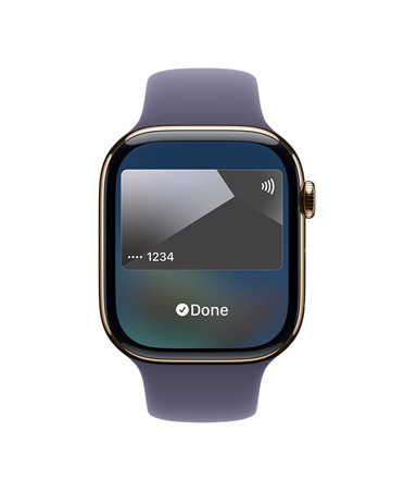 Apple Watch Series 11, Farbe Gold, Titangeh?use, Apple Pay, rechte Seitenansicht, Digital Crown, Sportarmband Nebelviolett