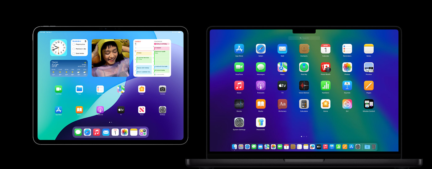 Un iPad et un Mac avec plusieurs ic?nes d’apps à l’écran. On voit sur l’écran de l’iPad des widgets, dont ceux des apps Calendrier, Météo et Photos.