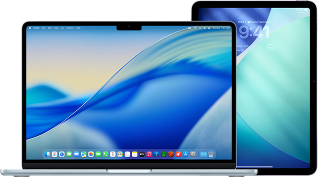 MacBook vasemmalla, iPad oikealla, n?yt?ill? samanlainen sini-vihre? taustakuva.