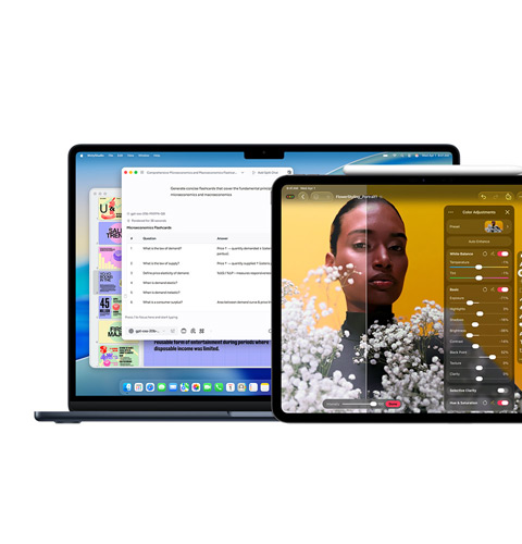 Macin n?ytt?, jossa on Apple Intelligence, iPadin n?ytt?, jossa on Pixelmator Pro