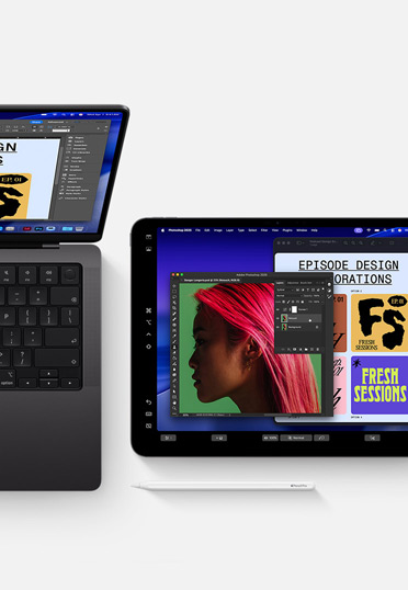 MacBook ja iPad Apple Pencilill?, molemmissa n?yt?iss? sama graafisen suunnittelun ohjelmisto, mill? esitell??n jatkuvuusominaisuutta.