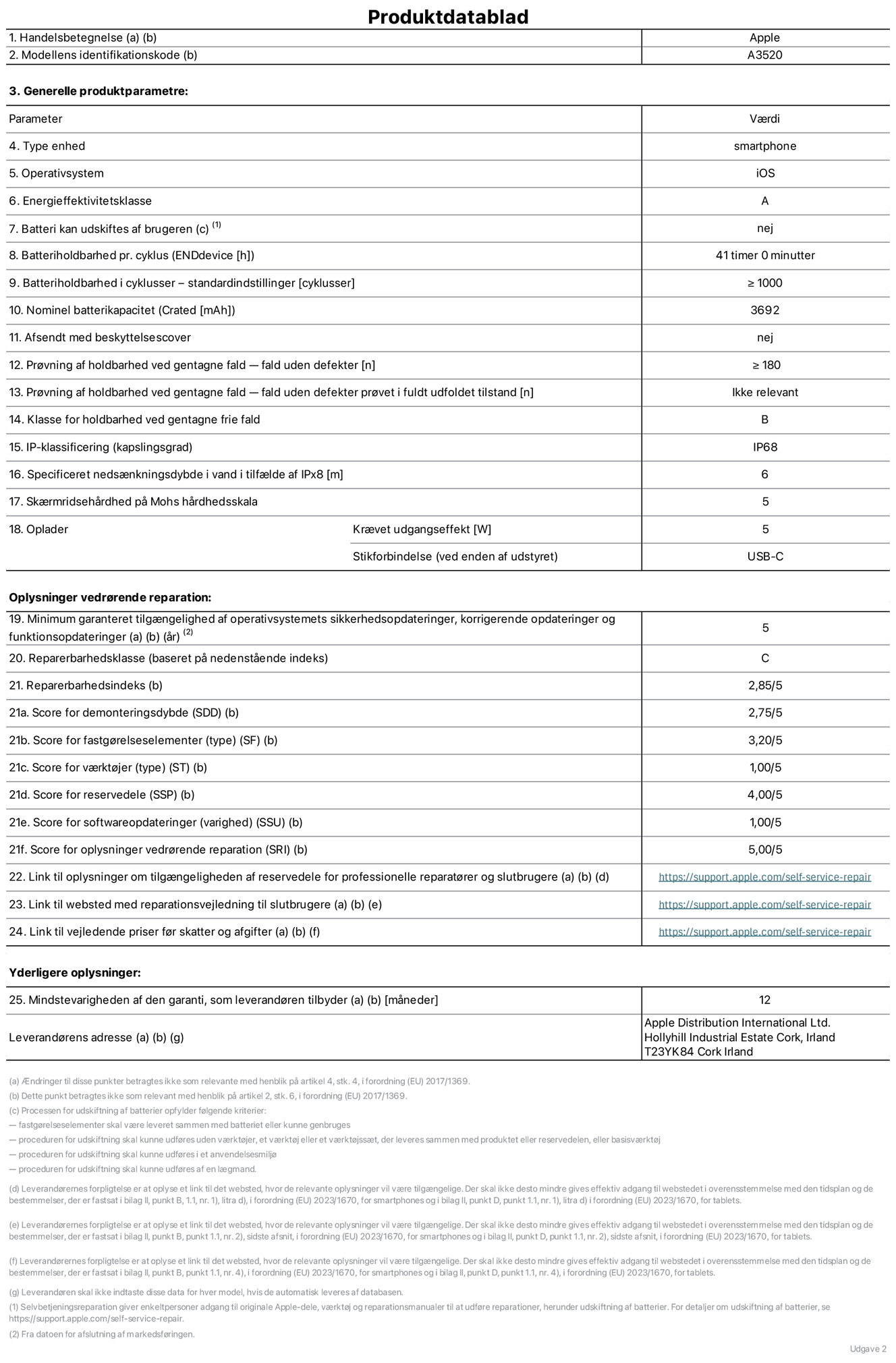 Produktdatablad til iPhone 17, model A3520. Leveret af Apple Distribution International Limited, Hollyhill Industrial Estate. Cork, Irland, T23 YK84. Enhedstype: smartphone. Styresystem: iOS. Energieffektivitetsklasse: A. Batteri kan udskiftes af brugeren: nej. Batteritid pr. cyklus: 41 timer. Batterilevetid i cyklusser – standardindstillinger: ≥ 1000. Nominel batterikapacitet: 3692 mAh. Leveres med beskyttelsescover: nej. Holdbarhedstest ved gentagne fald – fald uden defekt: ≥ 180. Holdbarhedstest ved gentagne fald – fald uden defekt testet i fuldt udfoldet tilstand: ikke relevant. Holdbarhedsklasse ved gentagne fald: B. Kapslingsklasse: IP68. Angivet neds?nkningsdybde i vand ved IPx8: 6 meter. Sk?rmens ridsefasthed p? Mohs' h?rdhedsskala: 5. P?kr?vet udgangseffekt for oplader: 5 watt. Opladerstiktype (p? enheden): USB-C. Garanteret minimumsperiode for tilg?ngelighed af sikkerhedsopdateringer, fejlrettelser og funktionsopdateringer til styresystemet: 5 ?r. Reparerbarhedsklasse: C. Reparationsindeks: 2,82/5. Score for demonteringsdybde (SDD): 2,75/5. Score for fastg?relseselementer: 3,20/5. Score for v?rkt?j: 1,00/5. Score for reservedele: 4,00/5. Score for softwareopdateringer: 1,00/5. Score for reparationsoplysninger: 5,00/5. Weblink til oplysninger om tilg?ngeligheden af reservedele for professionelle reparat?rer og slutbrugere: https://support.apple.com/da-dk/self-service-repair. Weblink til vejledning i reparation for slutbrugere: https://support.apple.com/da-dk/self-service-repair. Weblink til vejledende priser f?r skatter og afgifter: https://support.apple.com/da-dk/self-service-repair. Produktet er omfattet af 12 m?neders garanti.