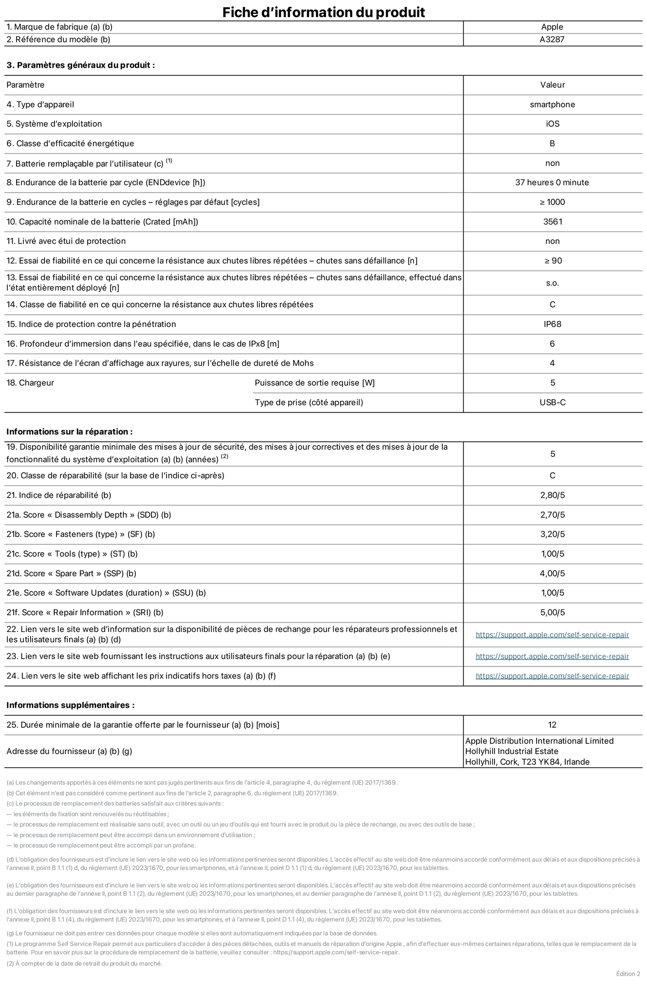 Fiche d’informations produit de l’iPhone 16, modèle A3287. Fournie par Apple Distribution International Limited, Hollyhill Industrial Estate. Cork, T23 YK84, Irlande Type d’appareil : smartphone. Système d’exploitation : iOS. Classe d’efficacité énergétique : B. Batterie rempla?able par l’utilisateur : non. Endurance de la batterie par cycle : 37 heures. Endurance de la batterie en cycles – réglages par défaut : ≥ 1 000. Capacité nominale de la batterie : 3 561 mAh. Livré avec étui de protection : non. Essai de fiabilité en ce qui concerne la résistance aux chutes libres répétées – chutes sans défaillance : ≥ 90. Essai de fiabilité en ce qui concerne la résistance aux chutes libres répétées – chutes sans défaillance, effectué dans l’état entièrement déployé : non applicable. Classe de fiabilité en ce qui concerne la résistance aux chutes libres répétées : C. Indice de protection contre la pénétration : IP68. Profondeur d’immersion spécifiée, dans le cas de l’IPx8 : 6 mètres. Résistance de l’écran d’affichage aux rayures sur l’échelle de dureté de Mohs : 4. Puissance de sortie requise du chargeur : 5 W. Type de prise (c?té appareil) : USB?C. Disponibilité garantie minimale des mises à jour de sécurité, des mises à jour correctives et des mises à jour de la fonctionnalité du système d’exploitation : 5 ans. Classe de réparabilité : C. Indice de réparabilité : 2,80/5. Score pour la profondeur de désassemblage (SDD) : 2,70/5. Score pour les éléments de fixation : 3,20/5. Score pour les outils : 1,00/5. Score pour les pièces de rechange : 4,00/5. Score pour les mises à jour logicielles : 1,00/5. Score pour les informations concernant la réparation : 5,00/5. Lien vers le site web d’information sur la disponibilité des pièces de rechange pour les réparateurs professionnels et les utilisateurs finaux : https://support.apple.com/self-service-repair. Lien vers le site web fournissant les instructions aux utilisateurs finaux pour la réparation : https://support.apple.com/self-service-repair. Lien vers le site web affichant les prix indicatifs hors taxes : https://support.apple.com/self-service-repair. Garantie générale de 12 mois offerte.