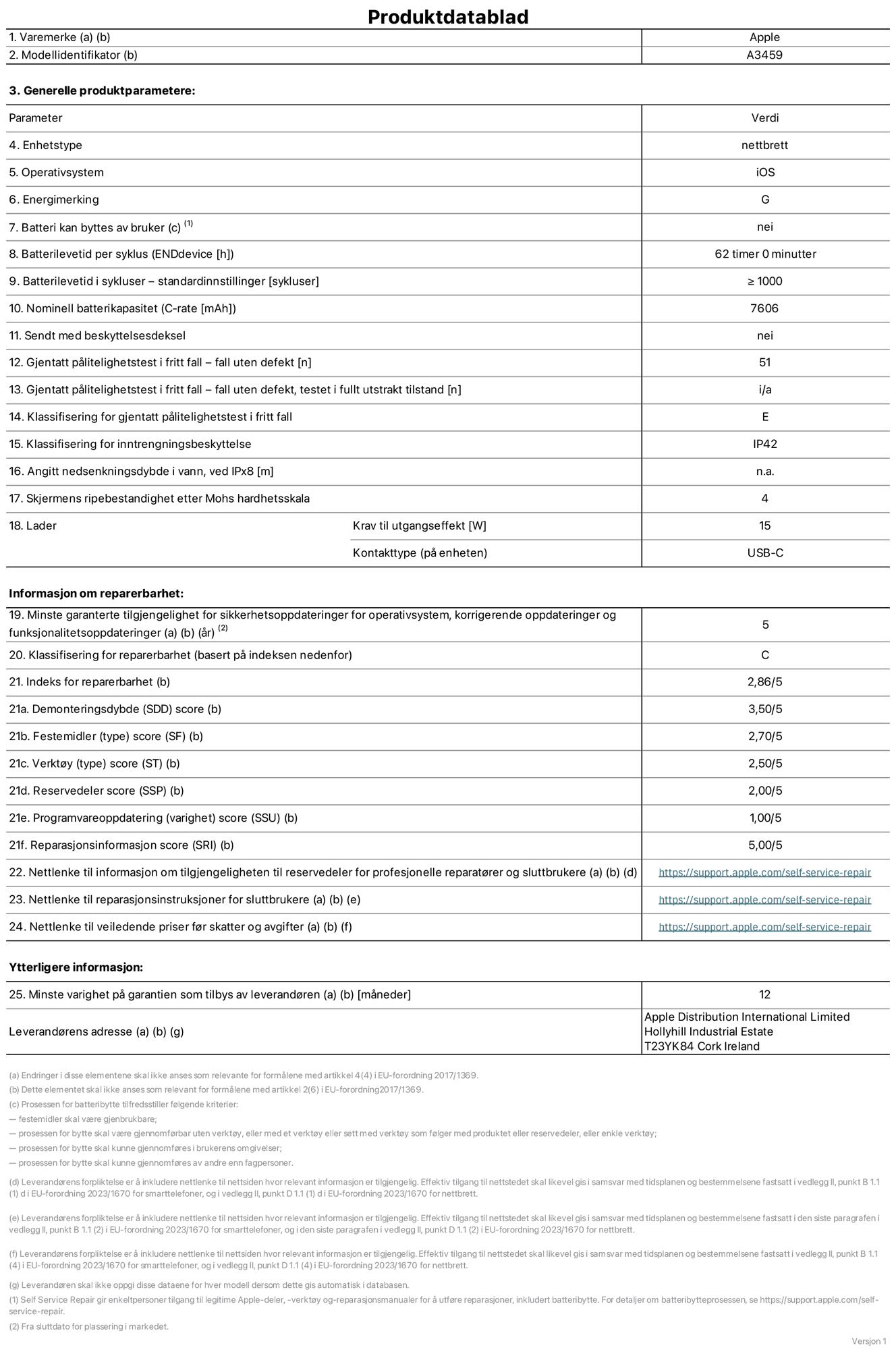 Produktdatablad for 11-tommers iPad Air Wi?Fi – modell A3459. Levert av Apple Distribution International Limited, Hollyhill Industrial Estate. Cork, Irland, T23 YK84. Enhetstype: nettbrett. Operativsystem: iOS. Energieffektivitetsklasse: G. Batteriet kan byttes av brukeren: nei. Batteriets holdbarhet per ladesyklus: 62 timer. Batteriets holdbarhet i antall ladesykluser – standardinnstillinger: st?rre enn eller lik 1000. Nominell batterikapasitet: 7606 mAh Leveres med beskyttelsesdeksel: nei. Holdbarhetstest ved gjentatte fall – antall fall uten feil: 51. Holdbarhetstest ved gjentatte fall – antall fall uten feil i helt utfoldet tilstand: ikke relevant. Holdbarhetsklasse ved gjentatte fall: E. Kapslingsgrad: IP42. Angitt nedsenkingsdybde i vann ved IPx8: ikke relevant. Skjermens ripefasthet p? Mohs skala: 4. Krav til laderens utgangseffekt: 15 watt. Laderens stikkontakt (p? enhetssiden): USB?C. Minstegaranti for tilgang p? sikkerhetsoppdateringer, feilrettinger og funksjonsoppdateringer til operativsystemet: 5 ?r. Reparerbarhetsklasse: C. Reparerbarhetsindeks: 2,86/5. Demontering: 3,50/5. Festeanordninger: 2,70/5. Verkt?y: 2,50/5. Reservedeler: 2,00/5. Programvareoppdateringer: 1,00/5. Informasjon om reparasjon: 5,00/5. Lenke til informasjon om tilgjengelighet for reservedeler for profesjonelle reparat?rer og sluttbrukere: https://support.apple.com/self-service-repair. Lenke til reparasjonsveiledning for sluttbrukere: https://support.apple.com/self-service-repair. Lenke til veiledende priser ekskl. mva: https://support.apple.com/self-service-repair. Produktet omfattes av en 12-m?neders generell garanti.