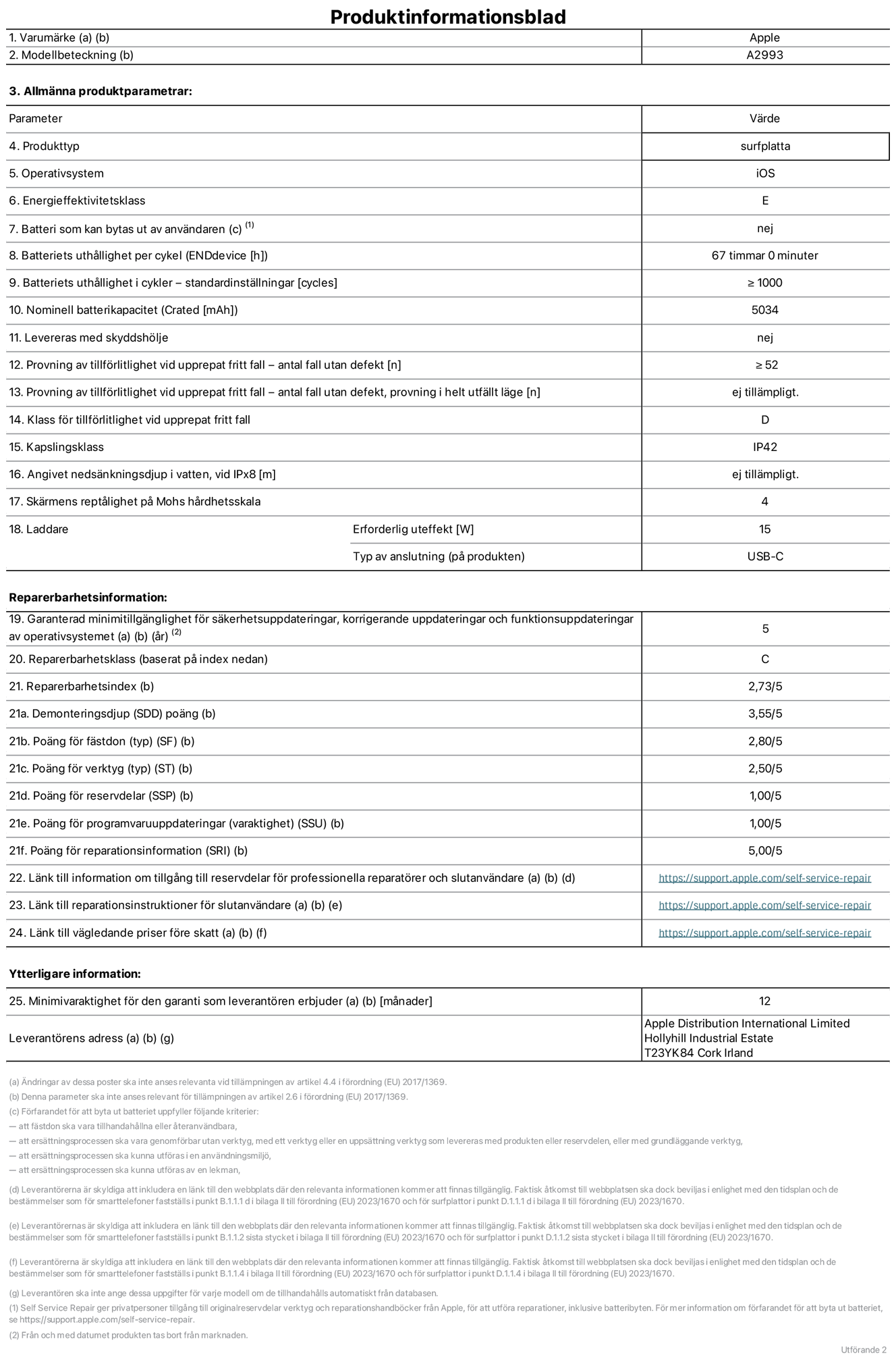 Produktinformationsblad f?r iPad mini Wi-Fi, modell A2993. Tillhandah?lls av Apple Distribution International Ltd, Hollyhill Industrial Estate. Cork, Irland T23 YK84. Enhetstyp: surfplatta. Operativsystem: iOS. Energieffektivitetsklass: E. Batteri som kan bytas ut av anv?ndaren: nej. Batteritid: 67 timmar. Batteriets livsl?ngd i antal cykler: ≥ 1000. Nominell batterikapacitet: 5034 mAh. Tillf?rlitlighetstest vid upprepat fritt fall – antal fall utan defekter: ≥ 52. Tillf?rlitlighet vid upprepat fritt fall: klass D. IP-klass: IP42. Sk?rmens rept?lighet enligt Mohs h?rdhetsskala: 4. Laddare – uteffekt som kr?vs: 15 W. Typ av uttag p? laddaren: usb-c. Garanterad minimiperiod f?r tillg?ng till s?kerhetsuppdateringar, korrigerande uppdateringar och funktionsuppdateringar av operativsystemet: 5 ?r. Reparerbarhetsklass: C. Reparerbarhetsindex: 2,73/5. Po?ng f?r demonteringsdjup: 3,55/5. Po?ng f?r f?sten: 2,80/5. Po?ng f?r verktyg: 2,50/5. Po?ng f?r reservdelar: 1,00/5. Po?ng f?r mjukvaruuppdateringar: 1,00/5. Po?ng f?r reparationsinformation: 5,00/5. L?nk till information om tillg?ngliga reservdelar f?r professionella reparat?rer och slutanv?ndare: https://support.apple.com/self-service-repair. L?nk till reparationsanvisningar f?r slutanv?ndare: https://support.apple.com/self-service-repair. L?nk till v?gledande priser f?re skatt: https://support.apple.com/self-service-repair. Produkten omfattas av 12 m?naders garanti.