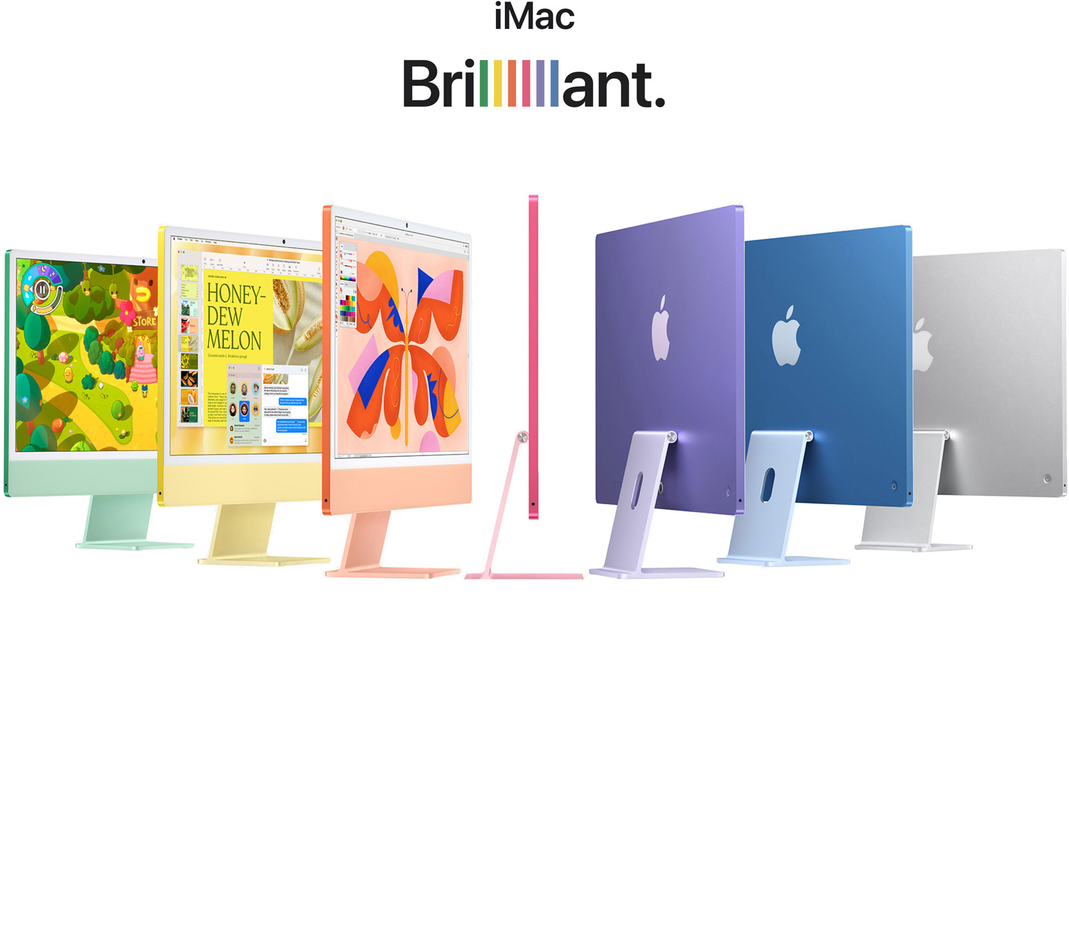 7 iMac Computer in verschiedenen Farben (Grün, Gelb, Orange, Pink, Violett, Blau, Silber) in einer F?cheranordnung