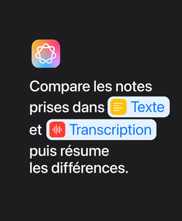 Ic?ne d’Apple Intelligence et prompt : ? Compare les notes prises dans Texte et Transcription, puis résume les différences ?