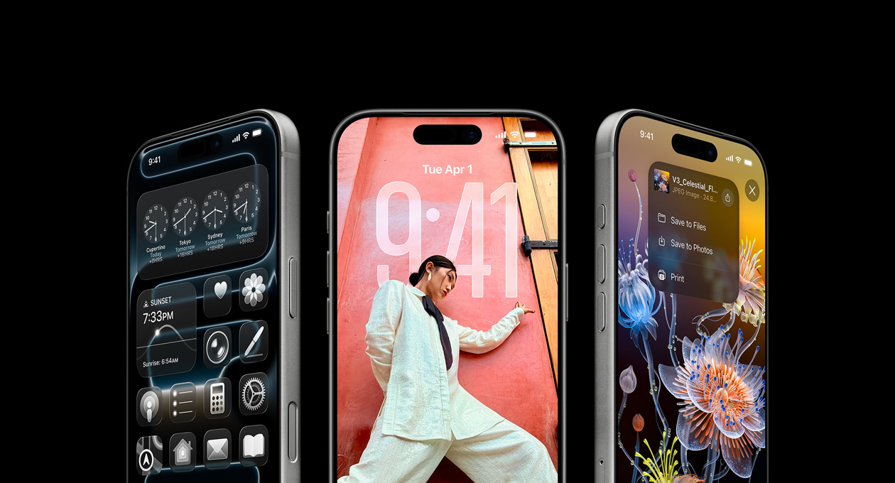 Kolme iPhone 17 Pro ?mallia, etupuolet, vierekk?in, esittelyss? Maailmankello-appi, iOS 26:n lukittu n?ytt? ja tallentaminen Muistiinpanot-apin muistiinpanoista.