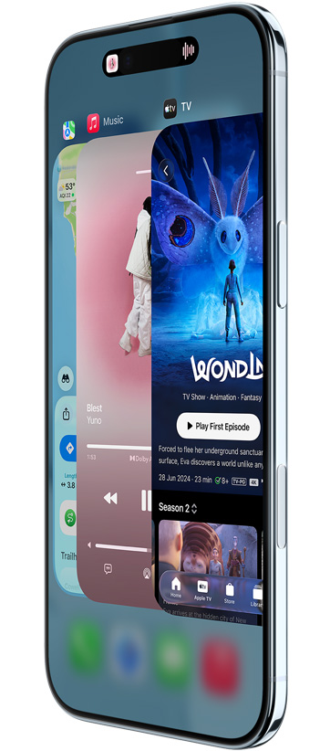 iPhone Air, fra forsiden, fra siden, med appene Kart, Musikk og Apple TV+, viser Appveksler-funksjonen i bruk