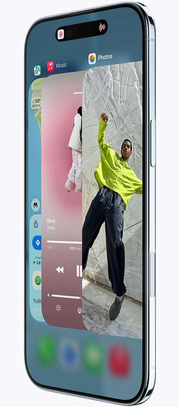 iPhone Air, face avant, c?té, avec les apps Plans, Musique et Apple TV+, présentant la fonctionnalité Sélecteur d’app en cours d’utilisation