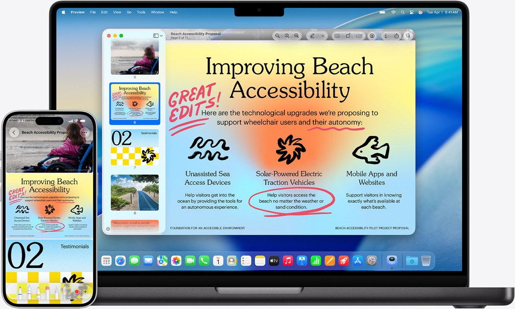 Un iPhone et un MacBook c?te à c?te illustrant la fonctionnalité de recopie sur le MacBook. Widgets Calendrier et Notes au sommet de l’écran, apps en bas.