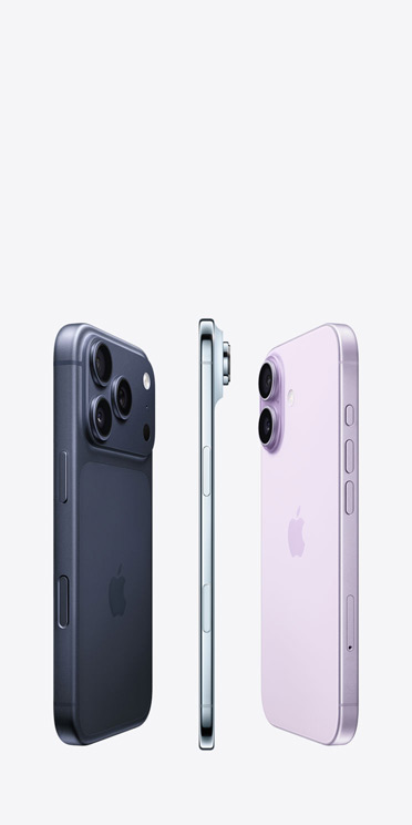 iPhone 17 Pro, sedd bakifr?n, Fusion-proffskamerasystem l?ngs den ?vre delen, iPhone Air, v?ldigt tunn sida i titan, iPhone 17, sedd bakifr?n, avancerat dubbelkamerasystem i det ?vre v?nstra h?rnet